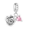 Sterling Silber Rosenanhänger mit pinkfarbenem Herzkristall für DIY-Armbänder - Rosa Herz Rose Anhänger (0382)