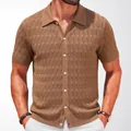 Men's camel short sleeve jacquard knitted cardigan polo shirt for summer casual style - M / Tops / Brown