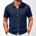 Men's navy blue short-sleeved knit polo shirt with jacquard texture in a slim fit style - M / Tops / Navy Blue