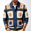 Handmade style men's colorful crochet patchwork knitted cardigan with granny square pattern - M / Tops / Navy Blue