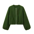 Dark green cropped zip-up bomber jacket for women with elasticated cuffs and hem - Grass Green