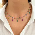 Elegant silver stainless steel necklace featuring vibrant multicolored zircon baguette charms - Geometric Rainbow Zirconia Necklace (N-636)