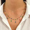 Elegant gold plated stainless steel necklace featuring vibrant colorful zircon charms - Geometric Rainbow Zirconia Necklace (5209)