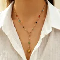 Elegant gold stainless steel Y-necklace featuring multi-color zircons and a heart pendant - Y-shaped Colorful Zirconia Heart Necklace (2205)
