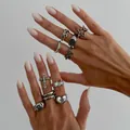 Stylish vintage silver gothic ring set featuring cross, heart and star patterns for men - Vintage Punk Multi-Piece Set (Cross/Star/Thorn) / Antique Silver (07544)