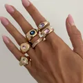 Chunky gold-tone stackable ring set with colorful square and oval gemstones - Colorful Rhinestone Thick Stacking Ring Set / Gold (07430)