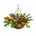 Panier de Noël artificiel avec baies, pommes de pin et guirlandes LED - H1-21 Panier De Neige / Guirlande lumineuse LED incluse
