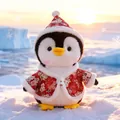Adorable plush penguin toy doll wearing festive red floral outfit in a snow landscape - Sakura Clothes Style
