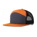 Professioneller 7-Panel Trucker Hat mit orangefarbenem Schirm und schwarzem Netzrücken - Schokoladenbraun