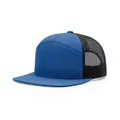 Königsblaue und schwarze 7-Panel Trucker-Kappe mit flachem Schirm und Mesh-Rücken - Blau