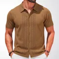 Men's brown short sleeve knitted polo shirt with textured hollow patterns for summer. - M / Tops / Brown