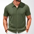 Men's olive green short sleeve knit polo shirt with stylish hollow diamond pattern detail - M / Tops / Green