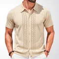 Men's beige short sleeve knitted Polo shirt featuring intricate hollow-out geometric patterns - M / Tops / Khaki