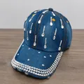 Detailed view of blue denim baseball cap decorated with shiny crystal waterdrop rhinestones - Sky Blue