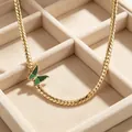Elegant 18k gold plated titanium steel chain necklace featuring green butterfly charm - Green Butterfly Pendant Cuban Chain (OYSN019GL) / Gold