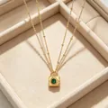 18k vergoldete Halskette aus Edelstahl mit Schlossanhänger und grünem Schmuckstein - Perlenkette mit grünem Strass-Schlossanhänger (OYSN022GL)