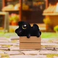 Cute black flocked puppy figurine ornament on miniature wooden crate - Little Black Cat (3253) / Black