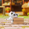 Adorable flocked grey and white cat figurine leaning on a small wooden box desk ornament - Little Cow Pattern Cat (3253) / Gray White Pattern