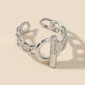 Fashionable silver-colored open chain ring featuring micro-pave zircon toggle detail - Chain Double Ring Style / Silver