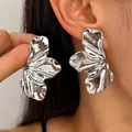 Large silver metallic irregular leaf stud earrings with high-gloss mirror finish - Abstract Pleated Petal (7549) / Silver