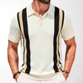 Elegant men's summer knitted polo shirt featuring vertical black and tan stripes in cream - M / Tops / Apricot