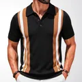 Men's casual business knit polo shirt with stylish vertical stripes in black and brown - M / Tops / Black