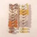 Assorted 10-piece girls' hair clip set featuring cute floral plaid and polka dot bows - 20 Pieces Set / Yellow Floral