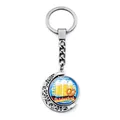 Silver metal Oktoberfest keychain with rotating moon pendant and beer festival motif - Three Mugs Wheat Illustration (JY008652-3)
