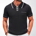 Men's black short sleeve knitted polo shirt with white tipping, ribbed texture and pocket - M / Tops / Black