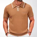 Men's brown short-sleeved knitted polo shirt with ribbed texture and chest pocket - M / Tops / Brown