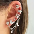 Silberfarbenes Ear-Cuff-Set mit Schmetterlings- und Stern-Motiv, Strass und Kette - Schmetterling Stern Mond Quasten-Stil (2175) / Silber