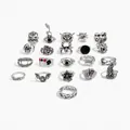 Ensemble de 16 bagues punk gothique, spécifications de taille et de poids en pouces et grammes. - Ensemble de 16 Pièces (06649) / Argent antique