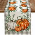 Chemin de table automnal en lin avec imprimé de citrouilles et feuilles d'eucalyptus - 33*90 / Citrouille et Eucalyptus avec Bordure Vichy (2)