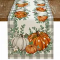 Herbstlicher Tischläufer aus Leinen mit Kürbis- und Eukalyptusblatt-Motiv-Druck - 33*90 / Kürbis und Eukalyptus mit Gingham-Rand (2)