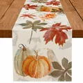 Runner da tavola in lino autunnale con zucca ad acquerello e foglie d'acero per il Ringraziamento - Zucca ad Acquerello e Foglie Cadute (6)