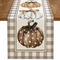 Chemin de table en lin rustique avec motifs de citrouille et bordures à carreaux - Triple Citrouille et Bordure Vichy(10)