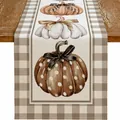Runner da tavola in lino rustico con motivi di zucche autunnali e bordi a scacchi - Tripla Zucca e Bordo Gingham(10)