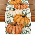 Elegante runner da tavola autunnale in lino con stampa di zucche ed eucalipto - Stampa con zucca e foglie verdi del Ringraziamento (13)