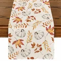 Chemin de table de Thanksgiving en lin avec motif de citrouille blanche et feuilles d'automne - Impression Citrouille Blanche et Feuilles d'Érable (15)