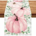 Chemin de table d'automne en lin avec citrouilles roses et motifs de feuilles d'eucalyptus - Impression Citrouille Rose et Feuilles d'Eucalyptus (16)