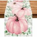 Runner da tavola autunnale in lino con zucche rosa e motivi di foglie di eucalipto verdi - Stampa con Zucca Rosa e Foglie di Eucalyptus (16)