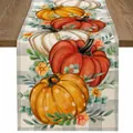 Chemin de table automne avec citrouilles en lin pour décoration de Thanksgiving - 33*90 / Citrouille et Eucalyptus sur Fond Quadrillé Gris (4)