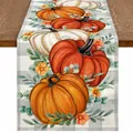 Camino de mesa de otoño con calabazas de lino para decoración de Acción de Gracias - 33*90 / Calabaza y Eucalipto sobre Cuadros Grises (4)