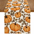 Chemin de table automnal en lin avec motif citrouille orange et feuilles brunes - Style Citrouille et Feuilles Sèches (8)