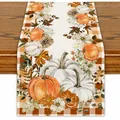 Chemin de table automnal en lin avec citrouilles et fleurs pour décoration de Thanksgiving - Citrouille Blanche Florale Style Gingham (11)