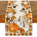 Runner da tavola autunnale in lino con zucche e fiori per decorazione tavola Ringraziamento - Zucca Bianca Floreale Stile Gingham (11)