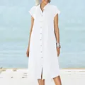 Detail of white linen button-down shirt dress with stand collar and pocket - S / Dresses / White