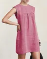 Nahaufnahme von lockerem, rosa Baumwoll-Leinen-Kleid für Damen mit eleganten Falten - S / Kleider / Rot