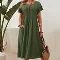 Casual army green cotton linen dress featuring elegant pleated detail and side pockets. - S / Dresses / Army Green