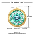 Detailed macro view of a green mandala eye stainless steel pendant with measurements - 35x38mm / Round Evil Eye (Cyan-YK1063)